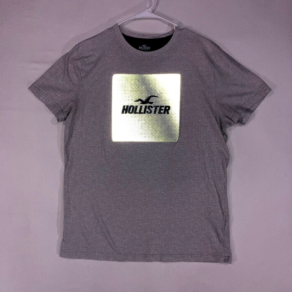 Hollister Reflective Mirror Logo Shirt Mens L Glow Spellout Graphic Gray Rave